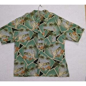 Seven Palm Brand Mens‎ Hawaiian Shirt Size L  Short Sleeve Silk  Green
